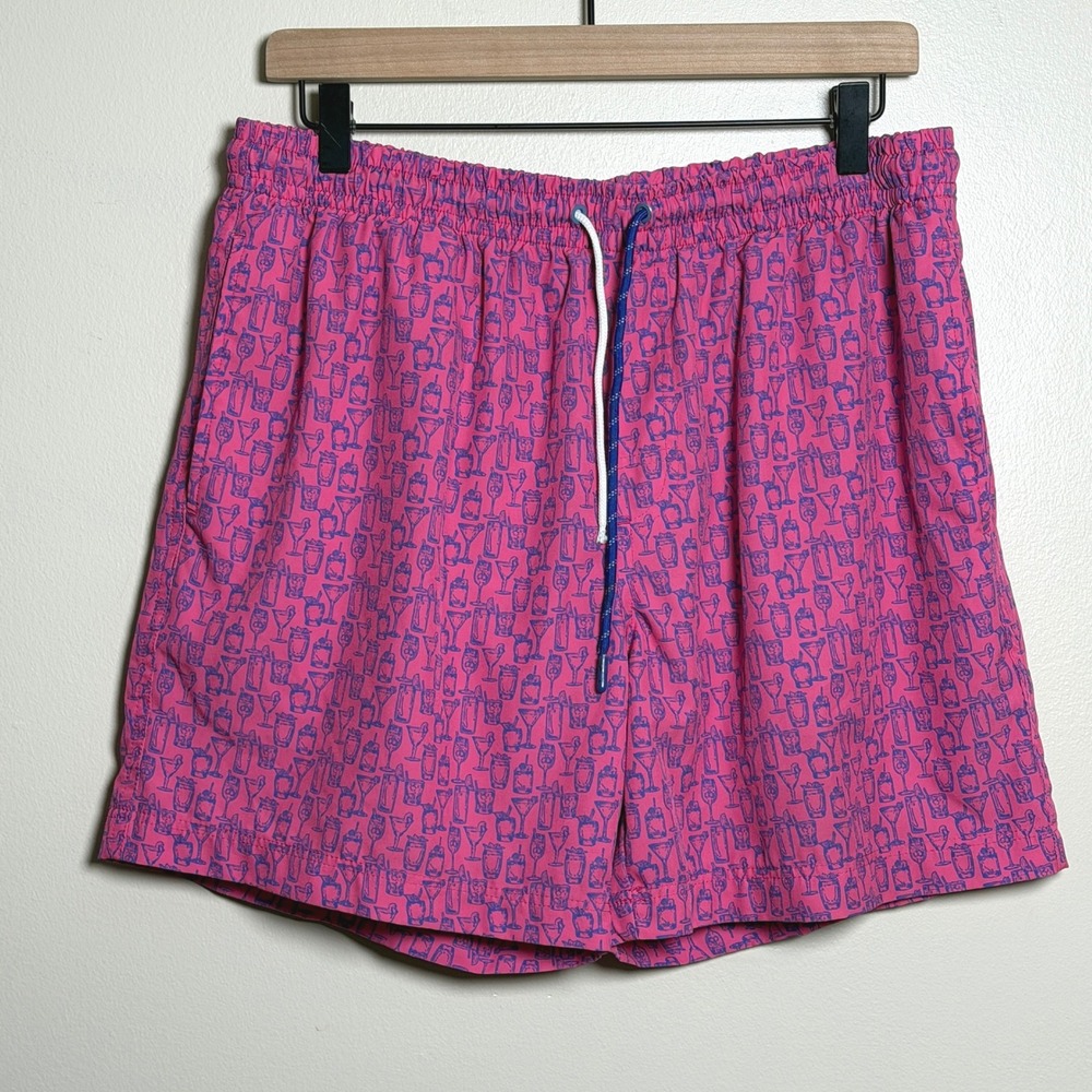 Southern Proper Mens XXL Pink Cocktail Print Swim Trunks Mesh Lined Board Shorts